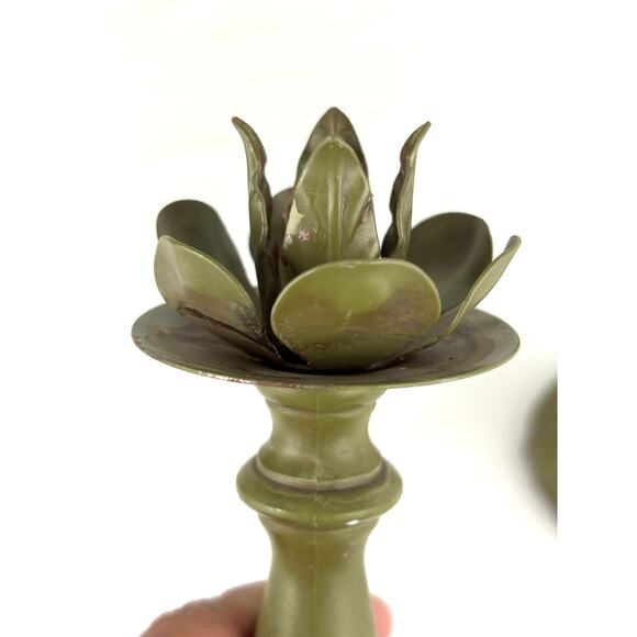 Pair Antique Green Enameled Cast Iron Candlestick Holder Ornate - Picture 3 of 12